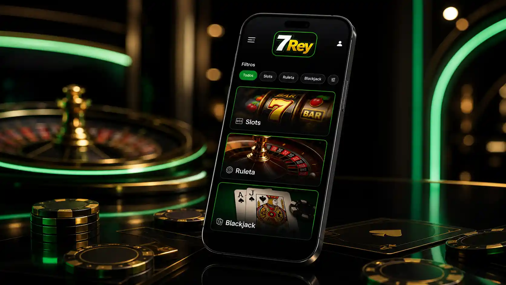 Sección de juegos de casino de 7Rey mostrada en un teléfono móvil