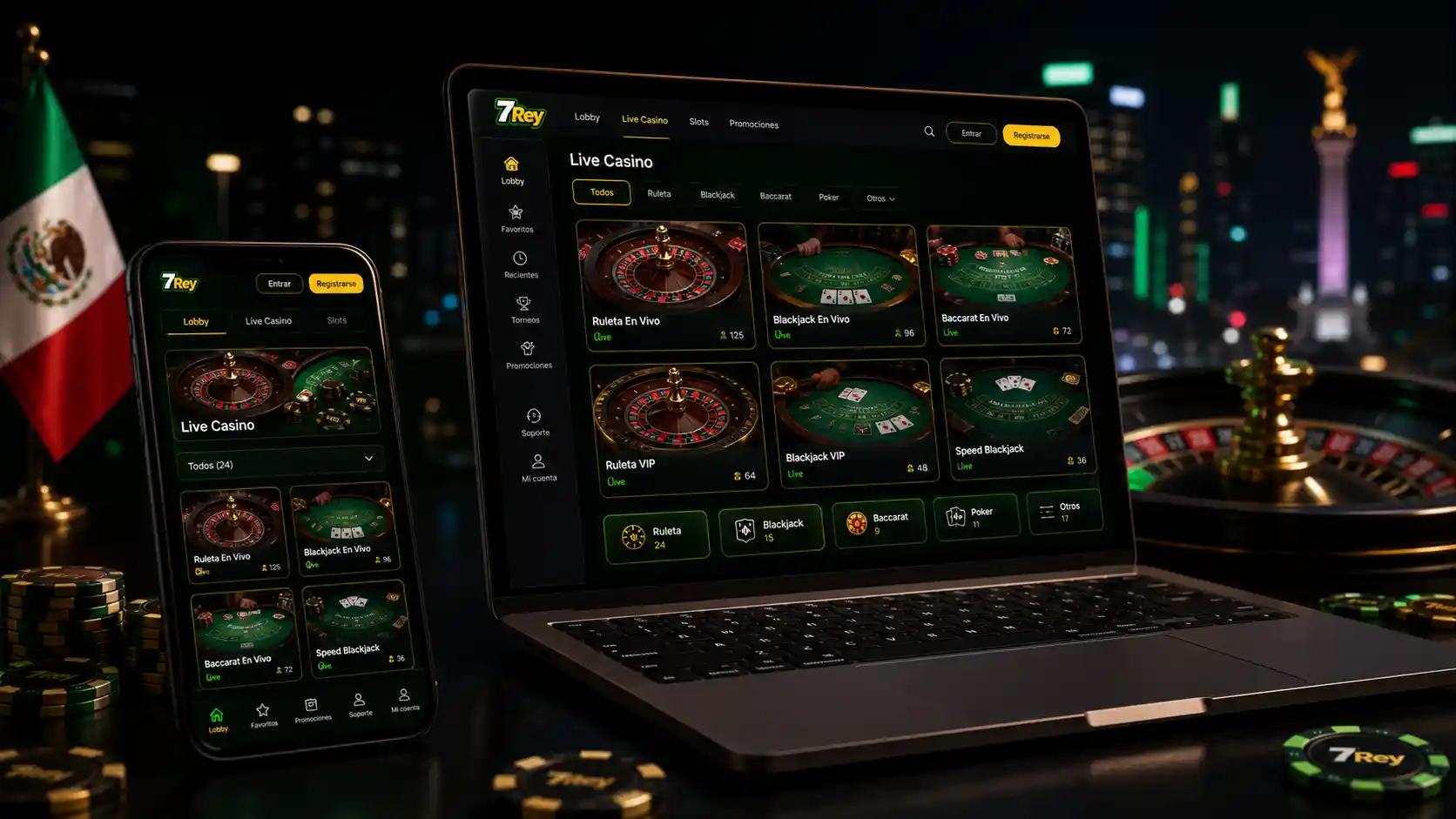 Lobby de 7Rey casino en vivo mostrado en dispositivos digitales