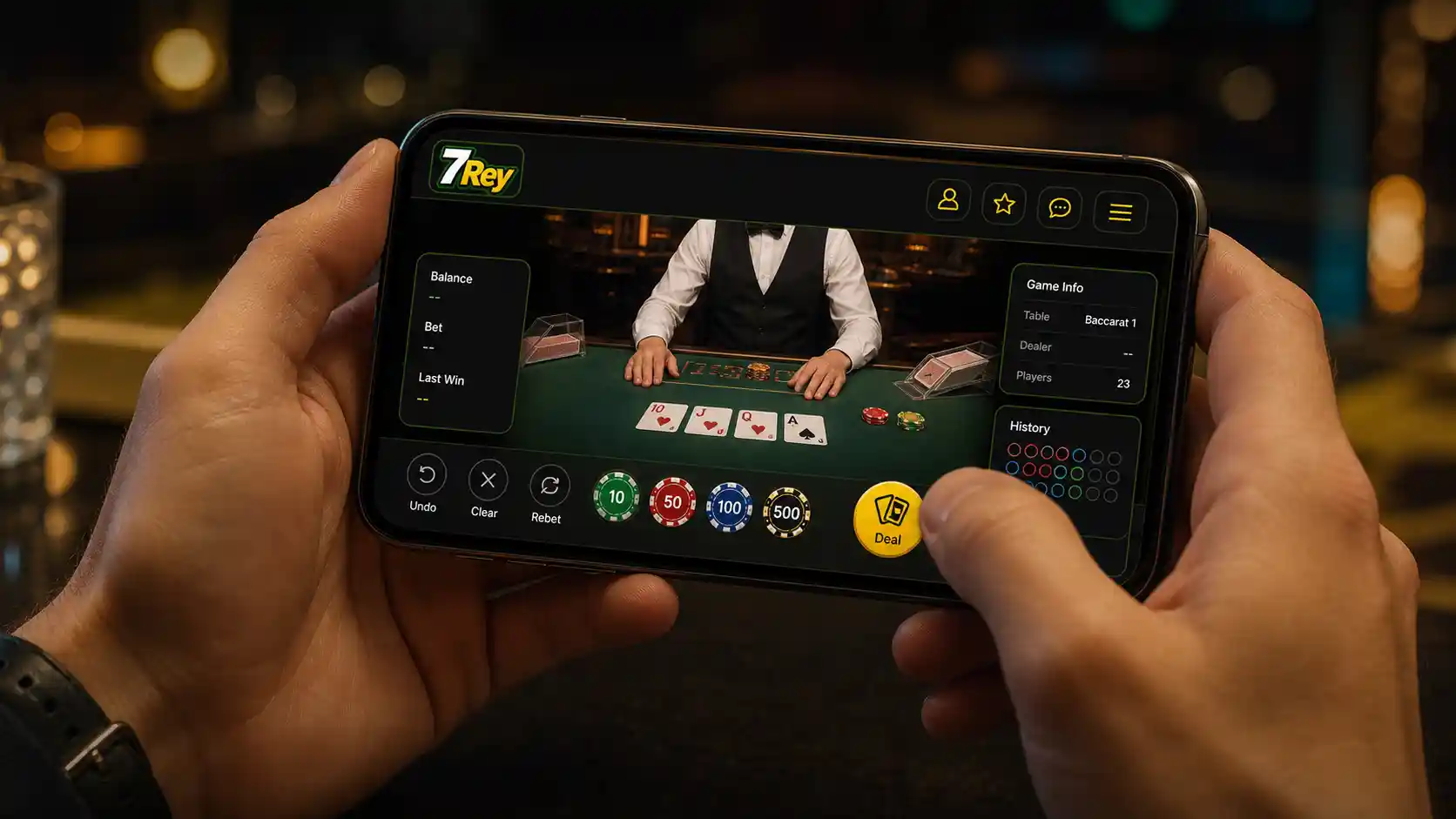 Mesa de casino en vivo de 7Rey consultada desde un celular
