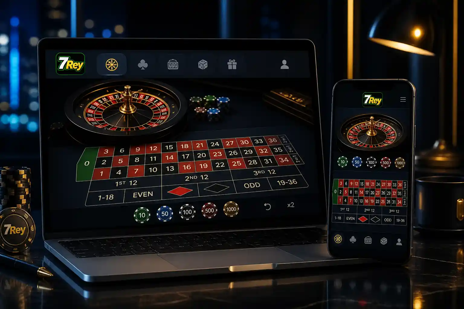 Interfaz de ruleta online de 7Rey abierta en dispositivos digitales