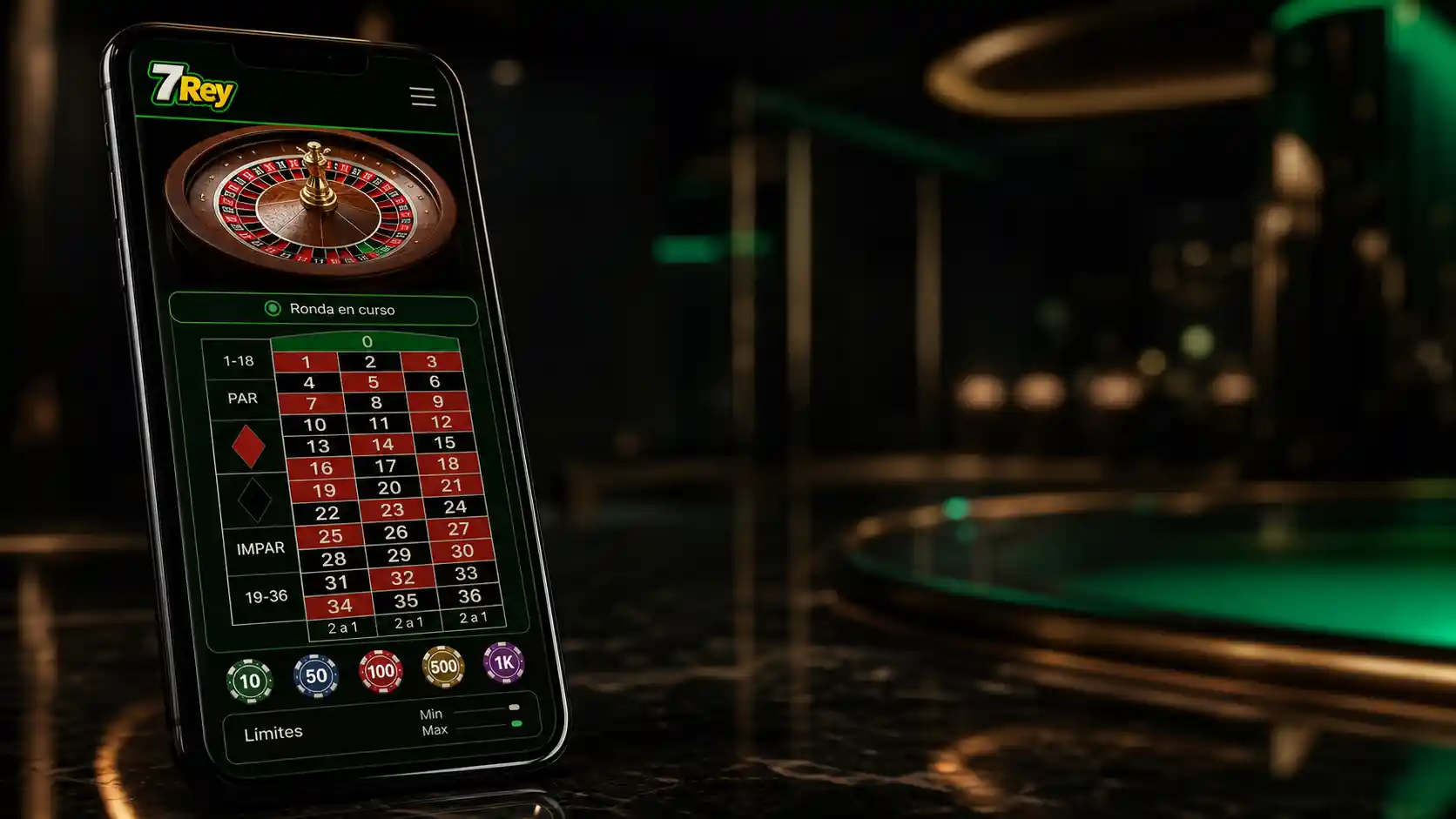 Mesa de ruleta online de 7Rey mostrada en un celular