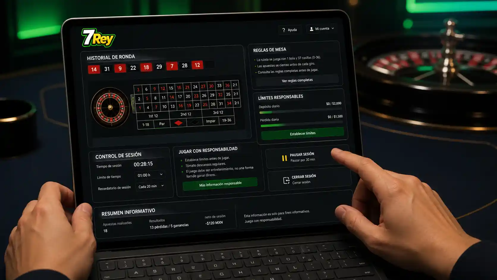 Pantalla de reglas e historial de una sesión de ruleta en 7Rey
