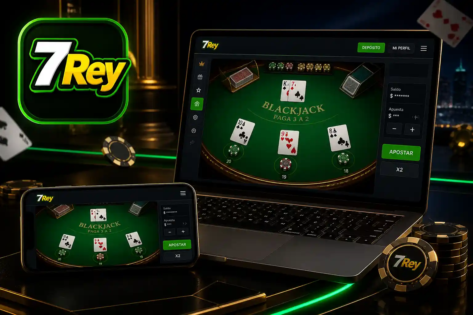 Interfaz de blackjack de casino de 7Rey en dispositivos digitales