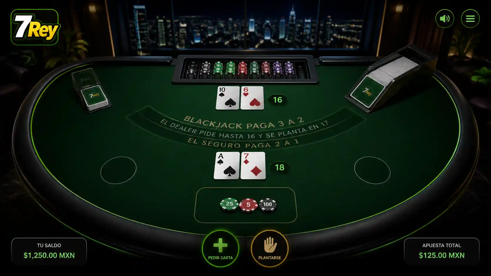 Mesa digital de blackjack con cartas y controles de juego