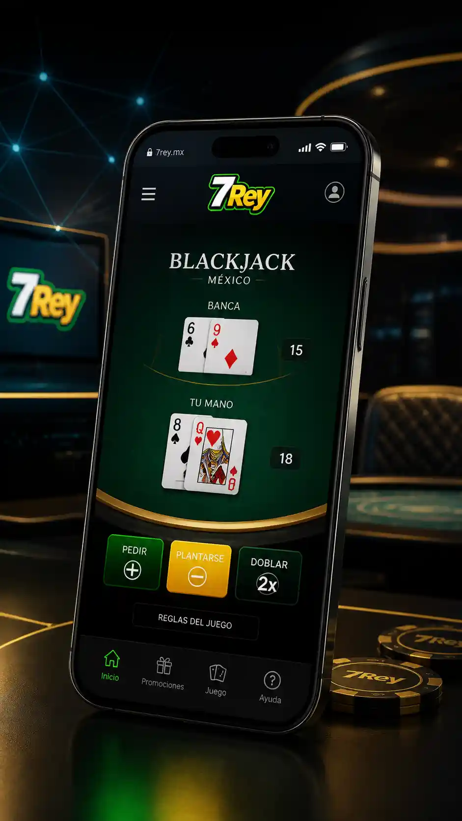 Blackjack de 7Rey mostrado en un teléfono móvil