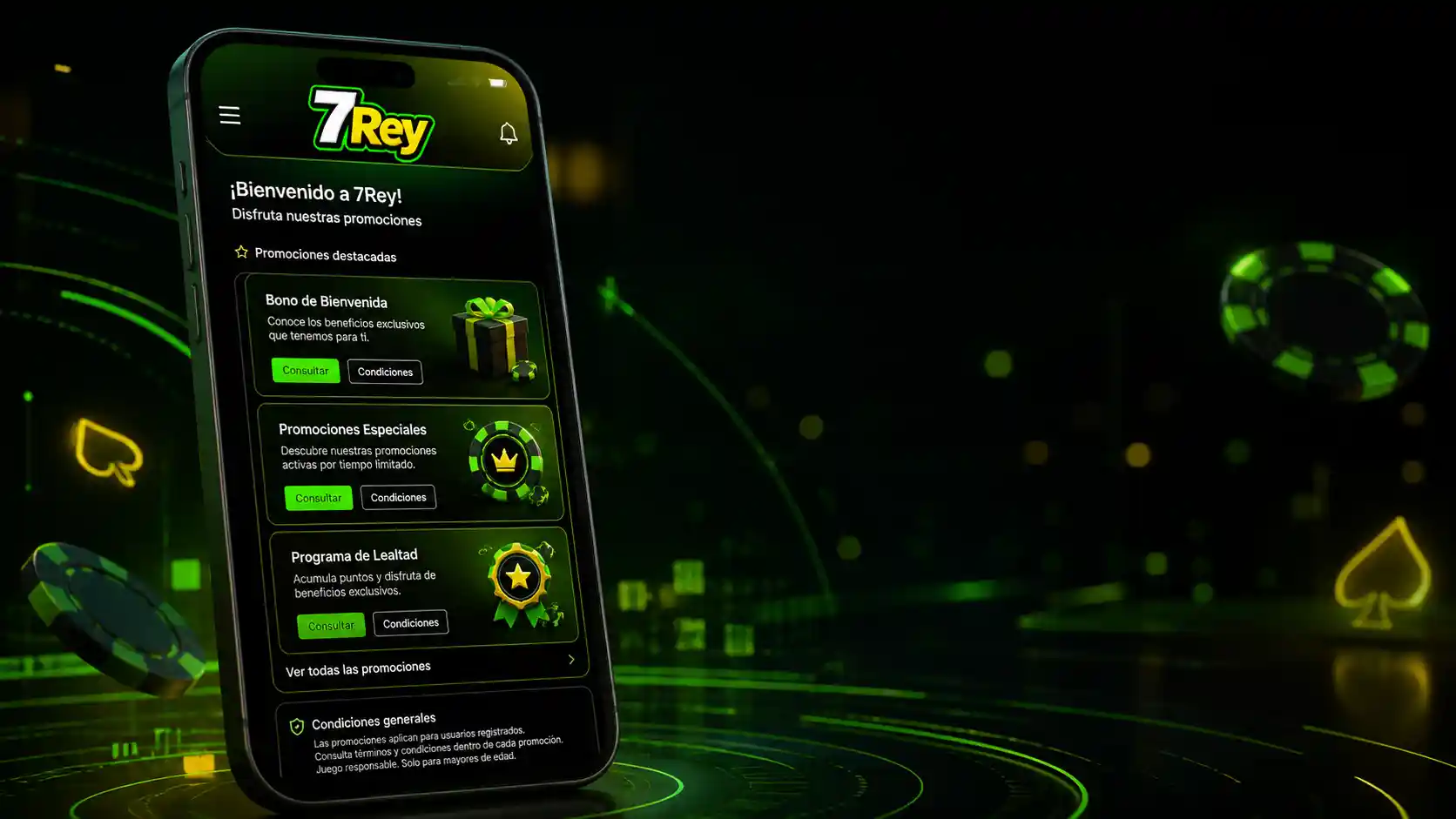 Área de promociones de bienvenida de 7Rey en un teléfono móvil