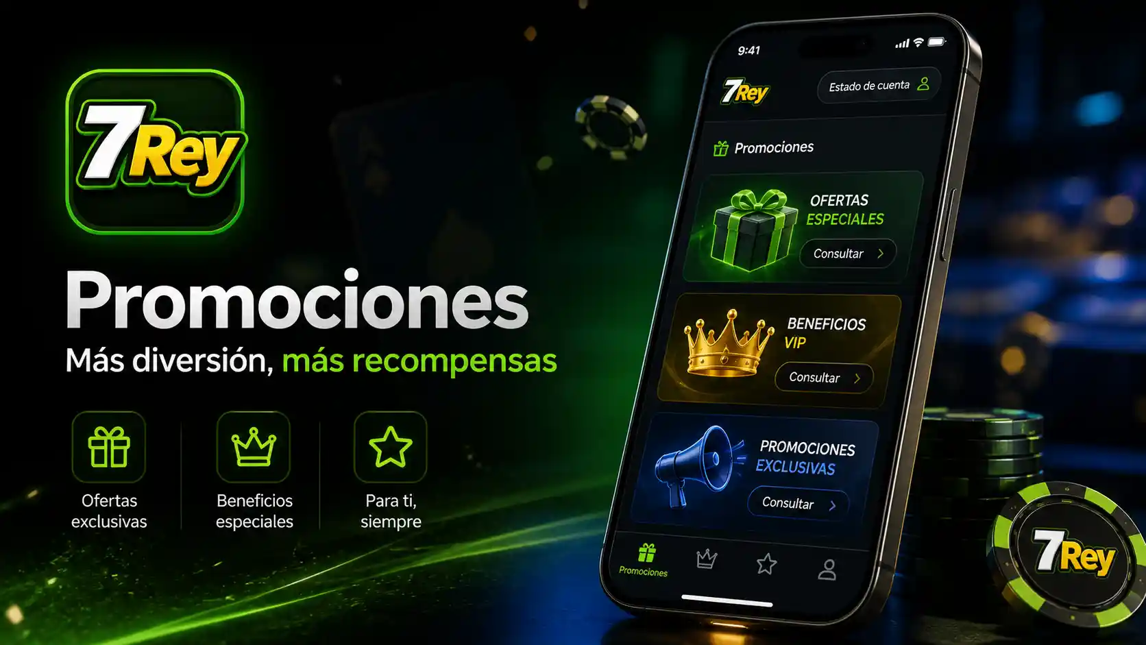 Sección de promociones para usuarios de 7Rey en un teléfono móvil