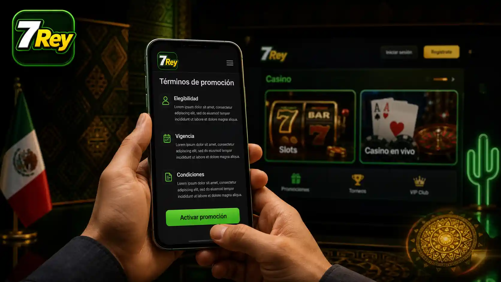 Usuario revisando los términos de una promoción de 7Rey