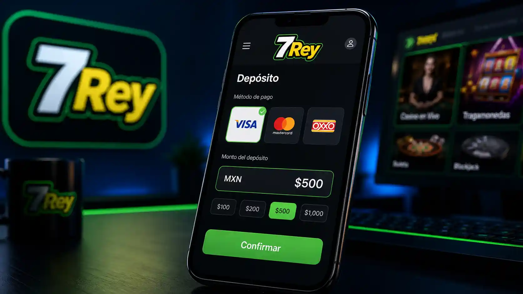 Selección de método e importe para depositar pesos mexicanos en 7Rey