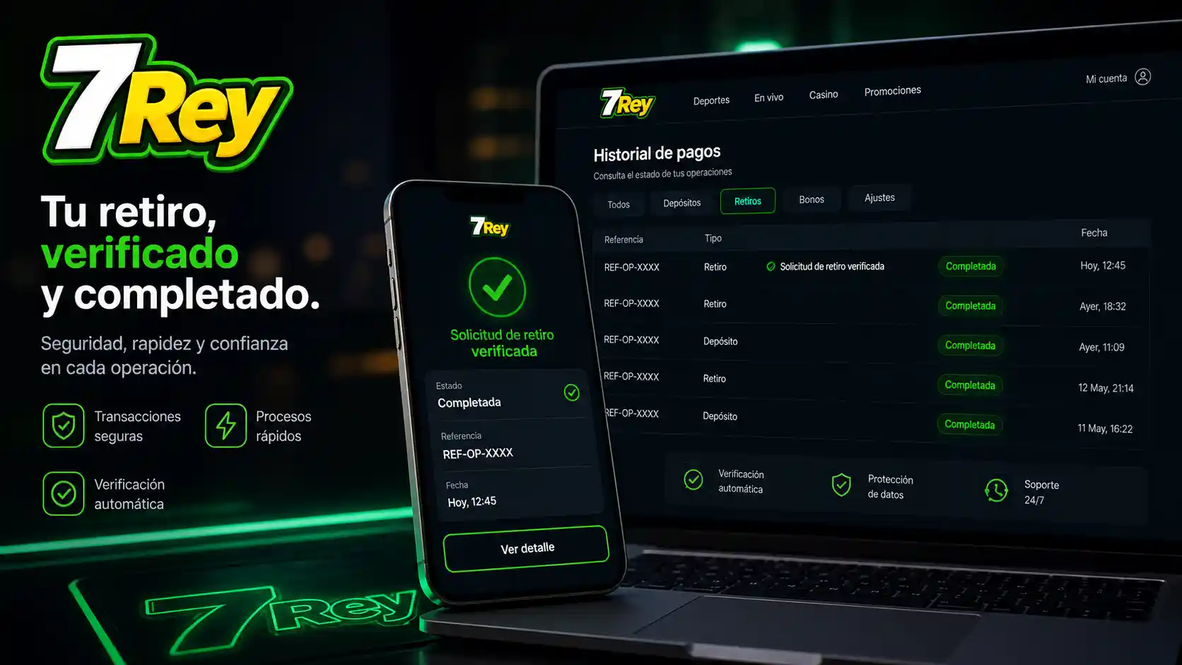 Comprobación de una solicitud de retiro completada en la cuenta 7Rey
