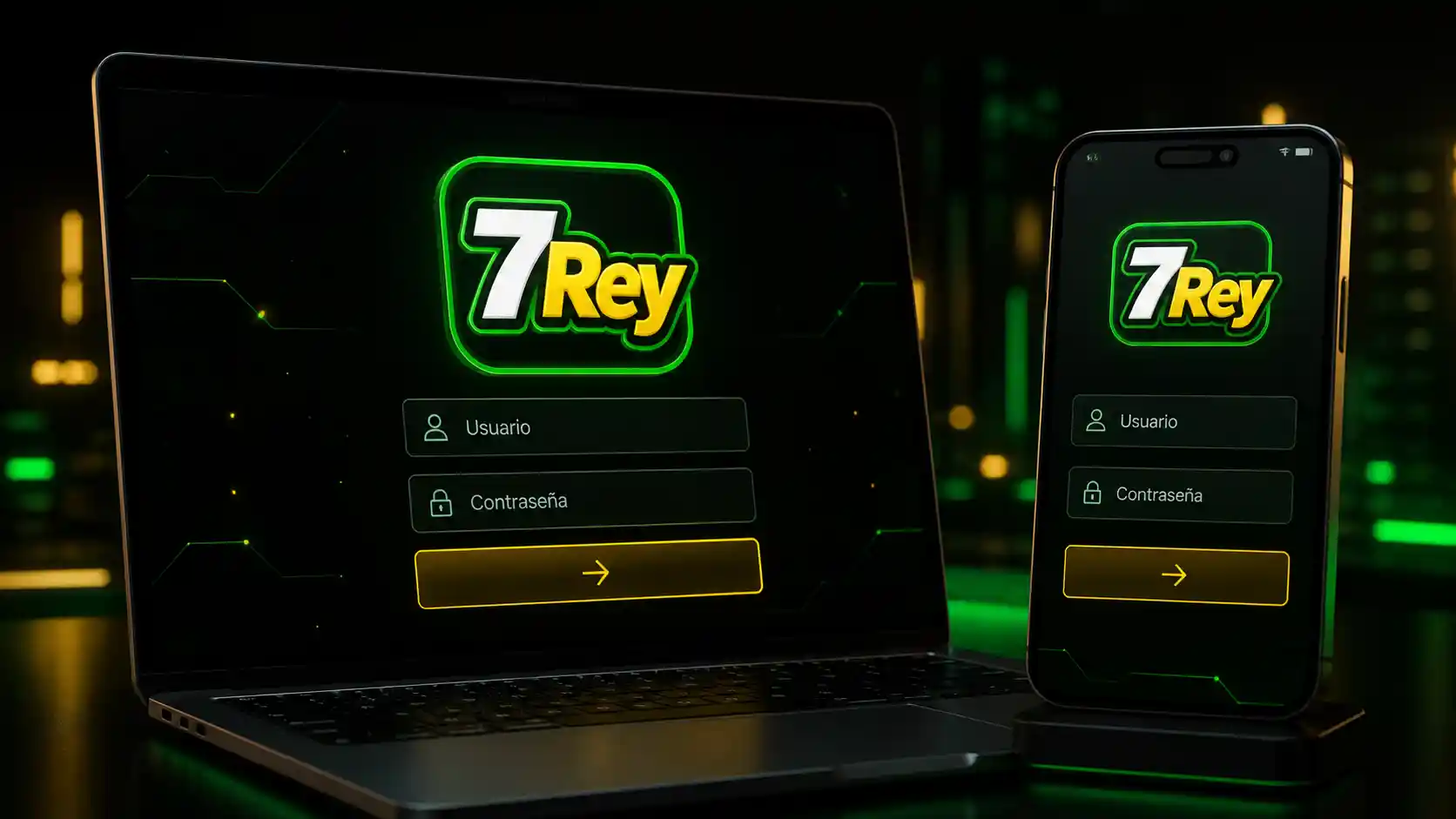 Pantalla de inicio de sesión de 7Rey en un celular y una laptop
