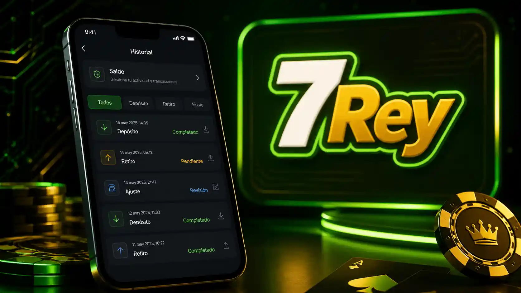 Historial de pagos y movimientos de cuenta de 7Rey en un teléfono