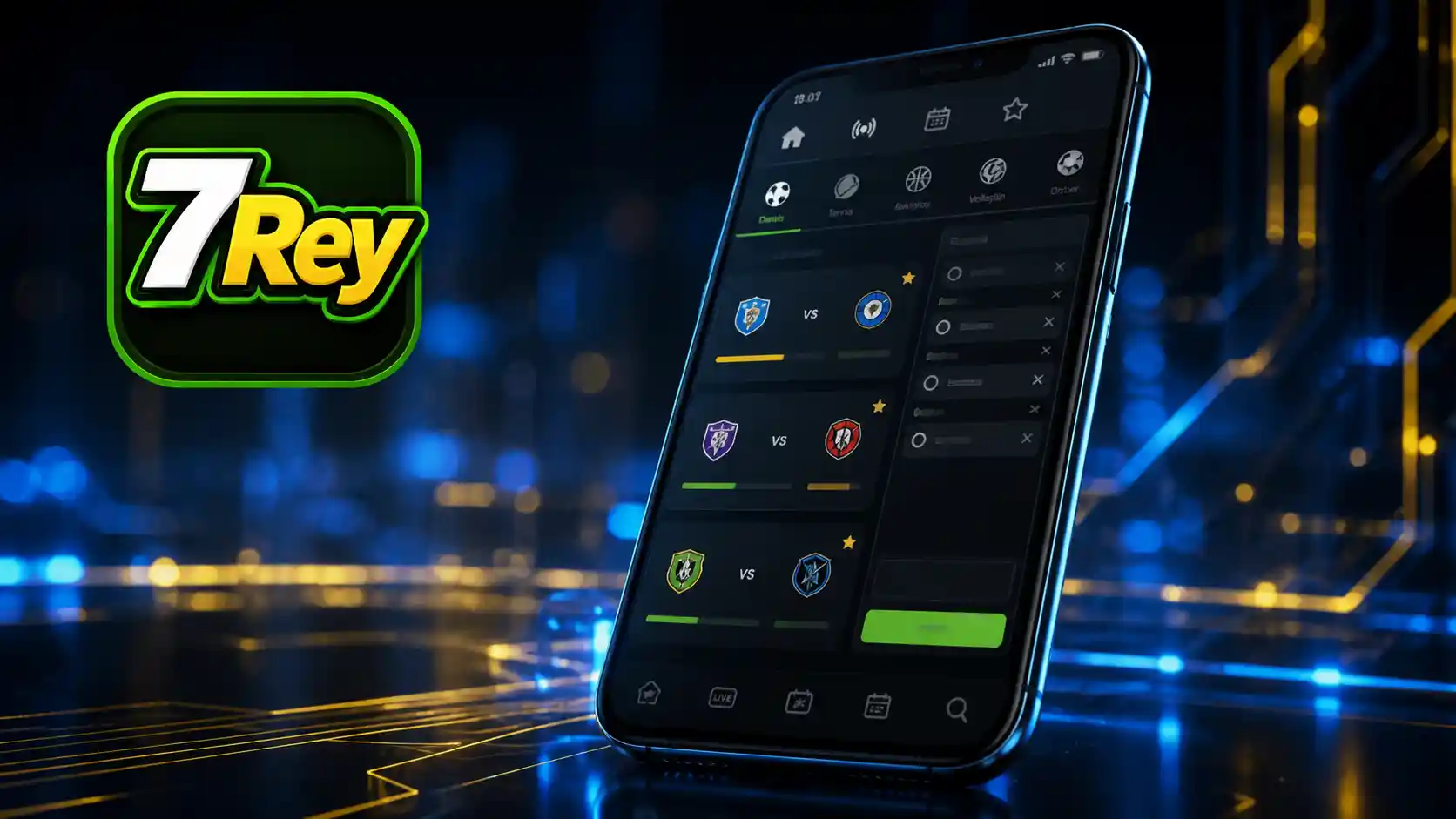 Aplicación de apuestas deportivas de 7Rey mostrada en un celular Android