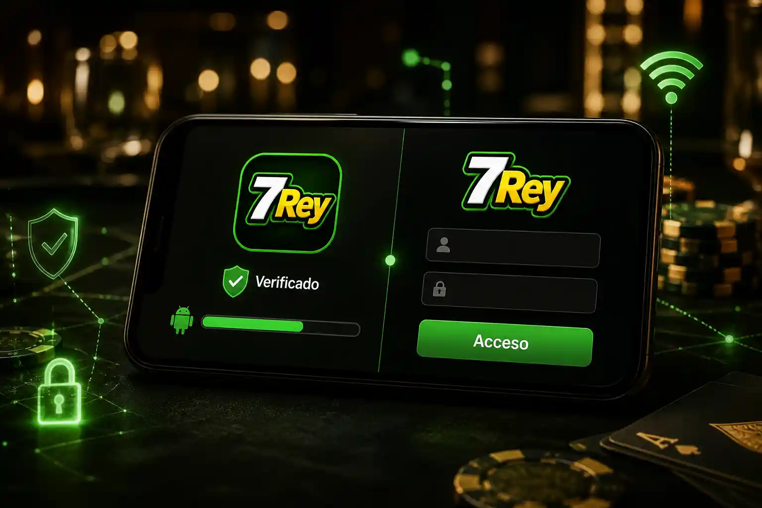 Pantalla de descarga e inicio de sesión de 7Rey en Android