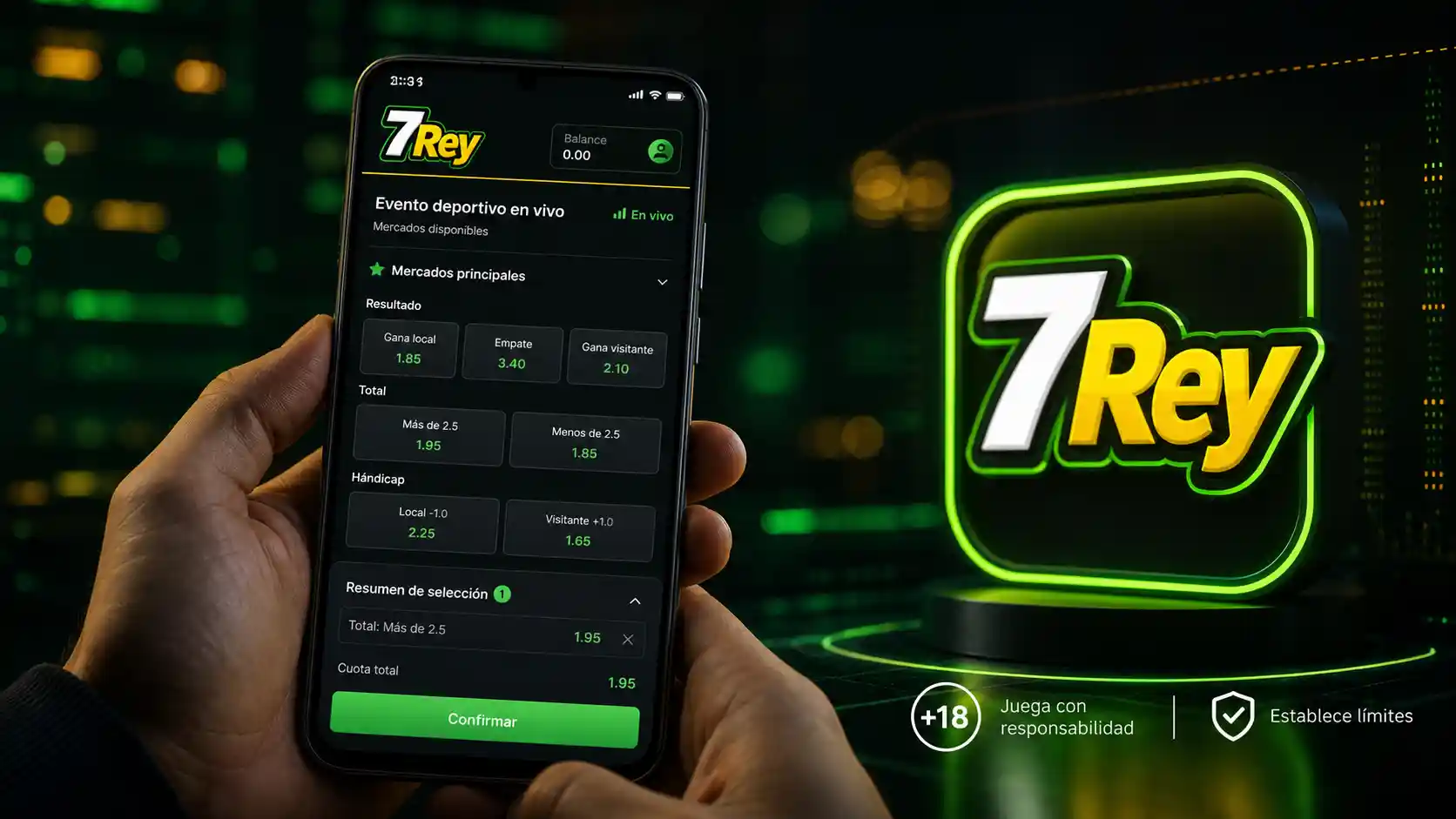 Interfaz móvil de 7Rey para revisar mercados deportivos en Android