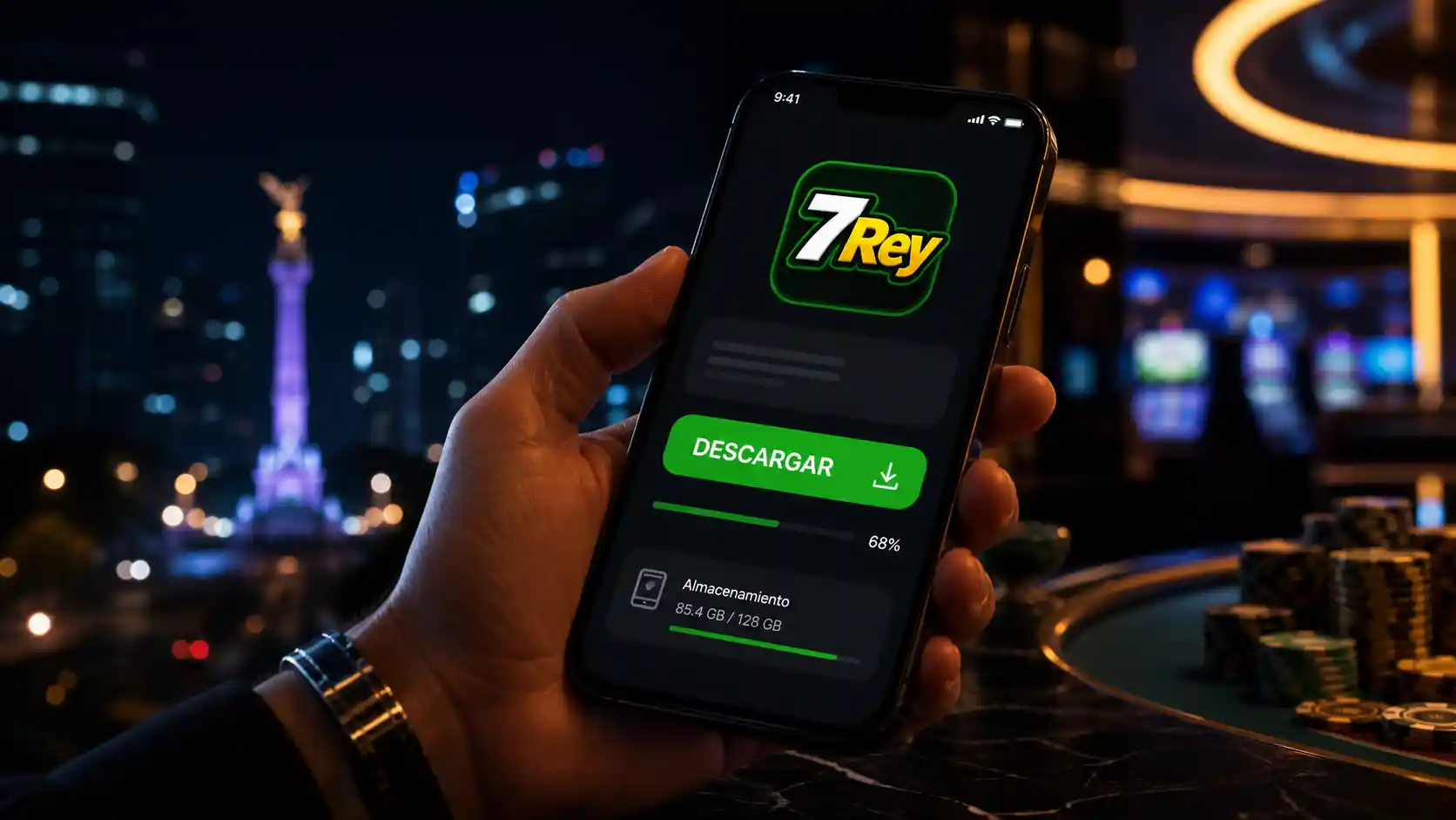 Celular mostrando el acceso de descarga de la aplicación de apuestas de 7Rey