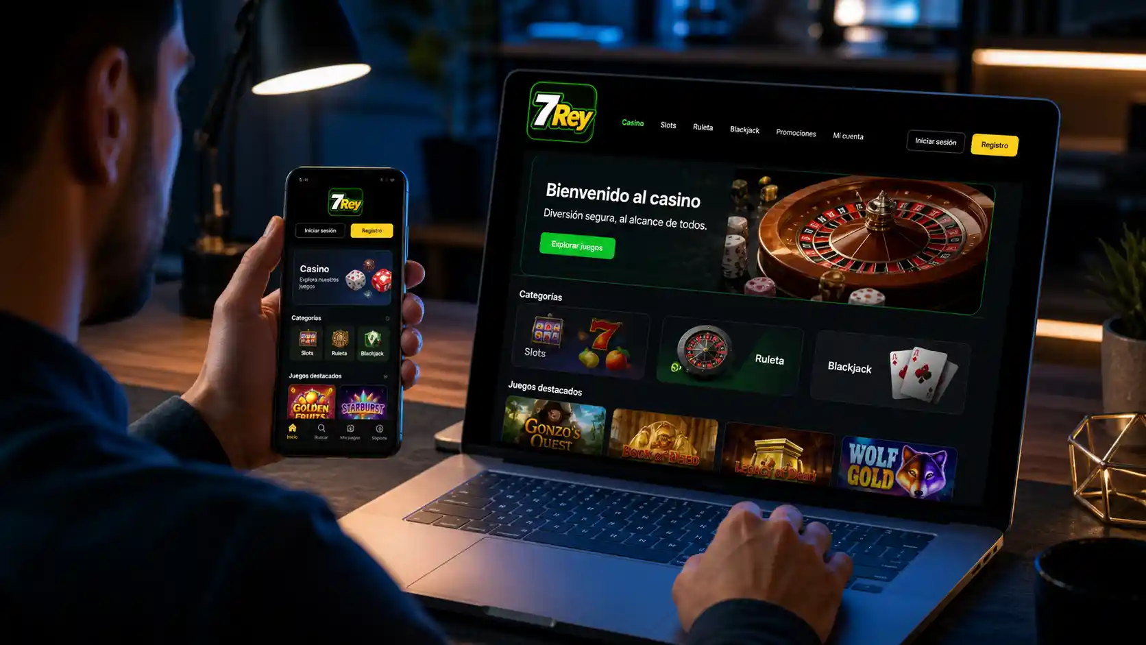 Interfaz de casino online en México de 7Rey mostrada en un celular y una computadora