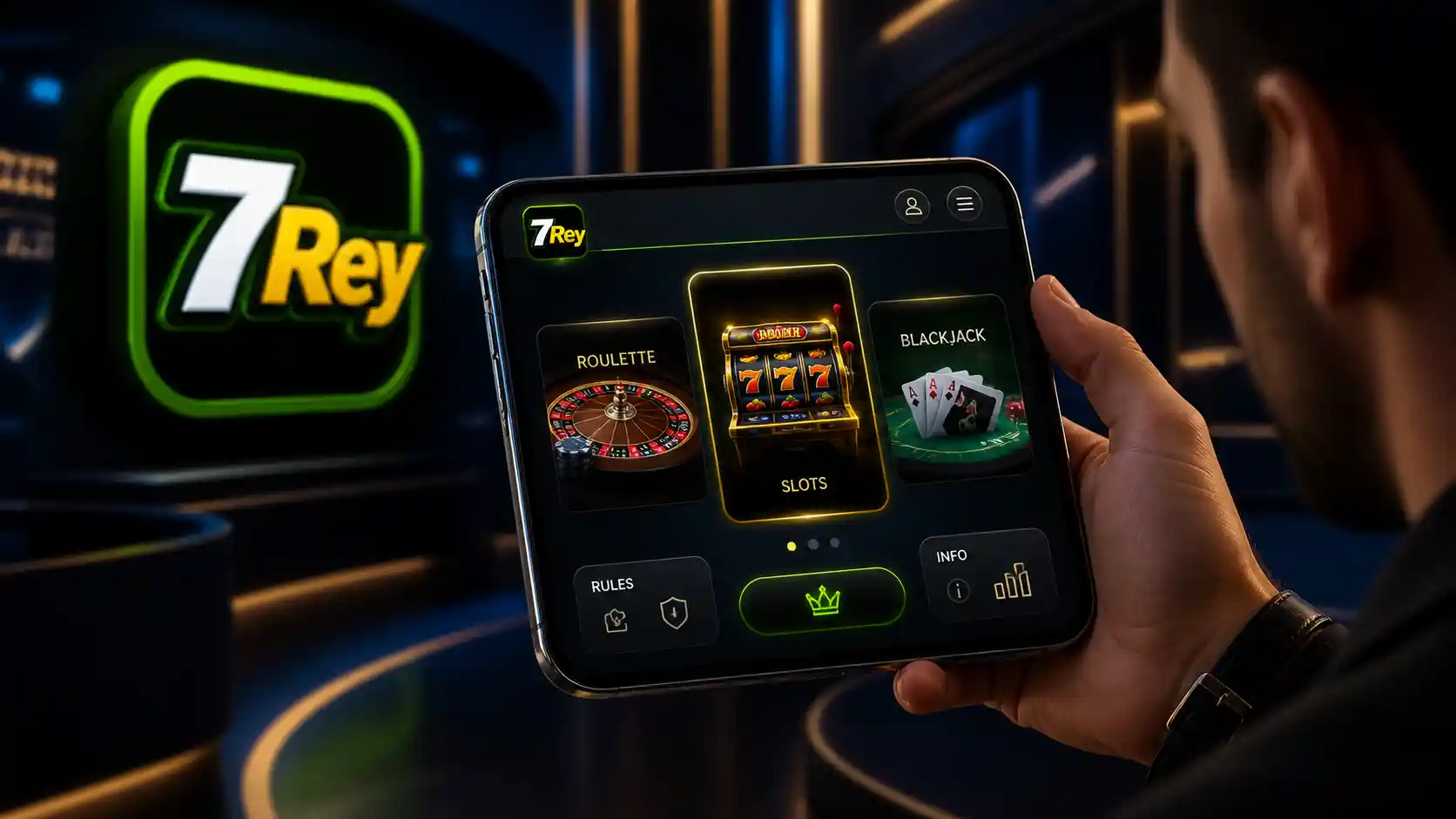 Usuario revisando tragamonedas, ruleta y blackjack en el casino online de 7Rey