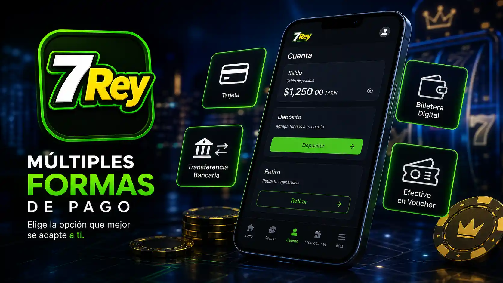 Interfaz móvil de 7Rey para consultar métodos de pago de casino online