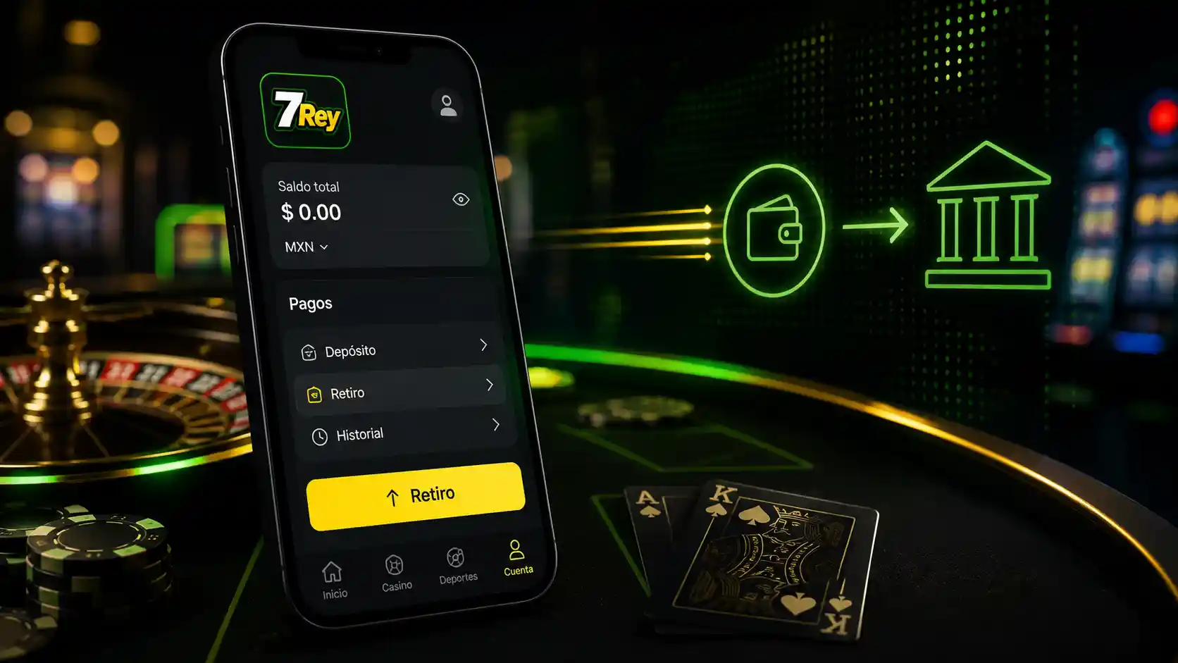 Cuenta móvil de 7Rey mostrando la sección de retiros de casino online