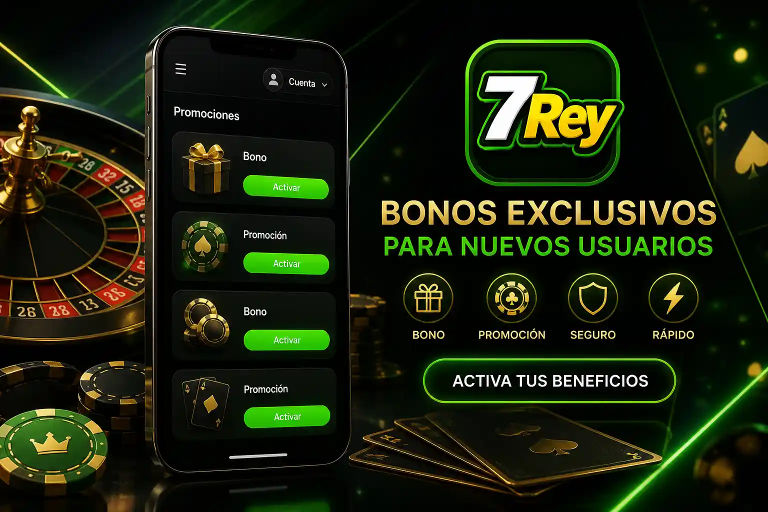 Sección de promociones de 7Rey para nuevos usuarios de casino en un smartphone