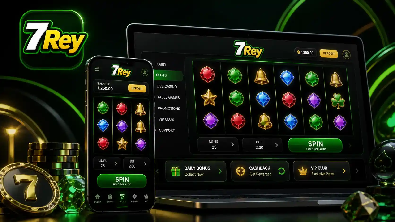Interfaz de juegos de tragamonedas online de 7Rey en computadora y celular
