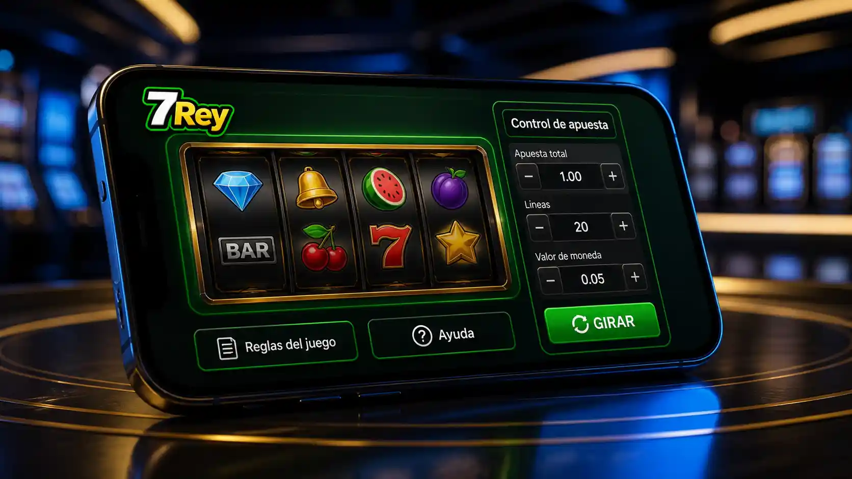 Tragamonedas online de 7Rey con controles y reglas en un celular